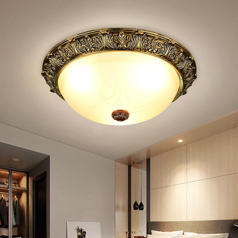 Dome Shaped Rustic Flush Mount Lighting with Opaline Glass in White/Brass - Available in 11"/15"/19" Sizes and 2/3-Head Options