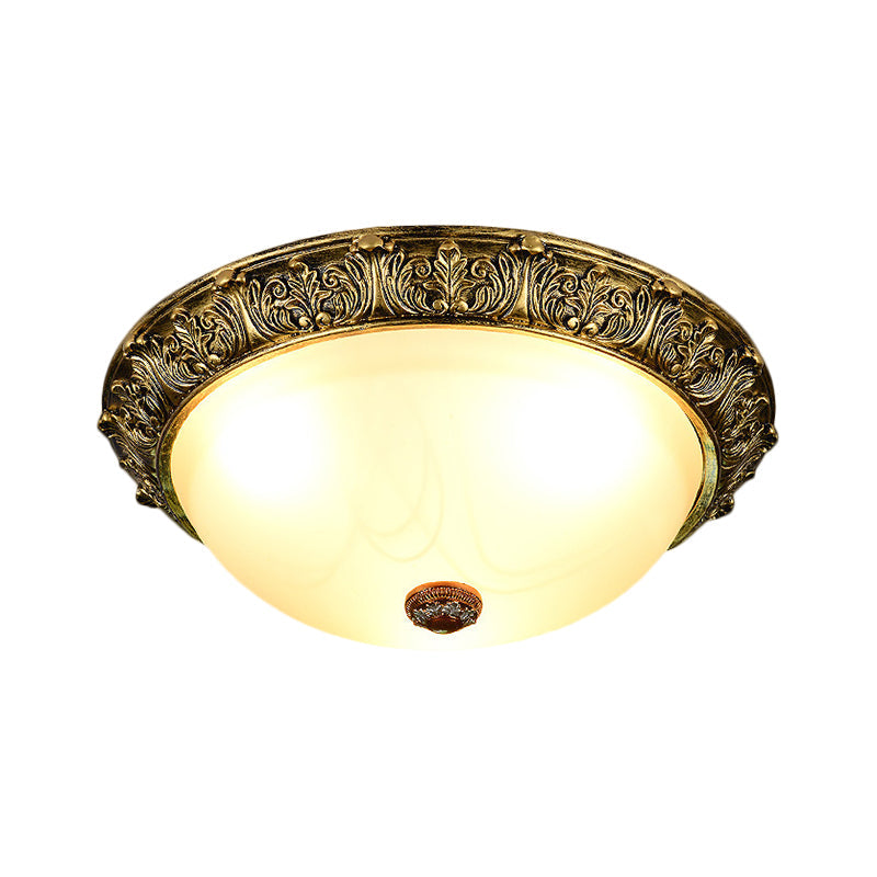 Dome Shaped Rustic Flush Mount Lighting with Opaline Glass in White/Brass - Available in 11"/15"/19" Sizes and 2/3-Head Options
