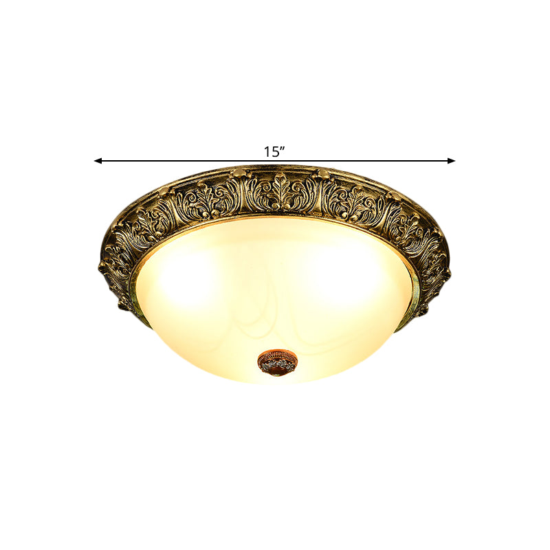 Dome Shaped Rustic Flush Mount Lighting with Opaline Glass in White/Brass - Available in 11"/15"/19" Sizes and 2/3-Head Options
