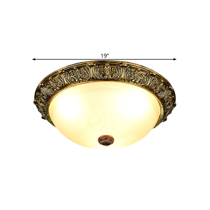 Dome Shaped Rustic Flush Mount Lighting with Opaline Glass in White/Brass - Available in 11"/15"/19" Sizes and 2/3-Head Options