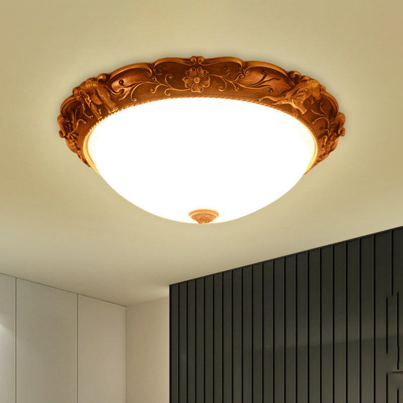 Rustic Opaline Glass Flush Lamp with Elephant Trim and Carving Flower - 16"/19.5" W 3-Bulb Ceiling Fixture in Brass