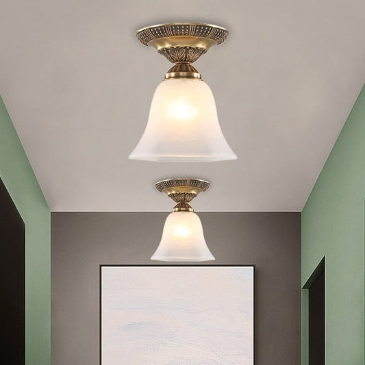 Country Flush Mount Frosted Glass Single Head Bell Shape Ceiling Light with Brass Finish