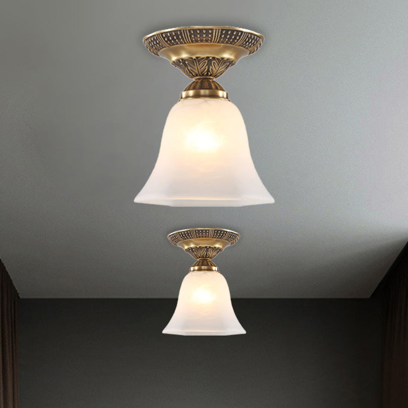 Country Flush Mount Frosted Glass Single Head Bell Shape Ceiling Light with Brass Finish