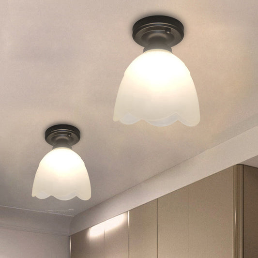 Frosted Glass Ceiling Fixture: Flower Bud Flush Mount Lamp - Loft Style, Black - Perfect for Hallways