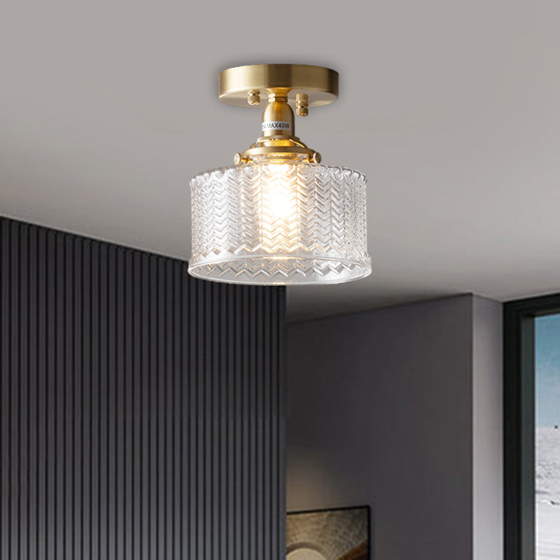 Plafonnier semi-encastré traditionnel en laiton pour couloir avec verre prismatique transparent et ampoule simple