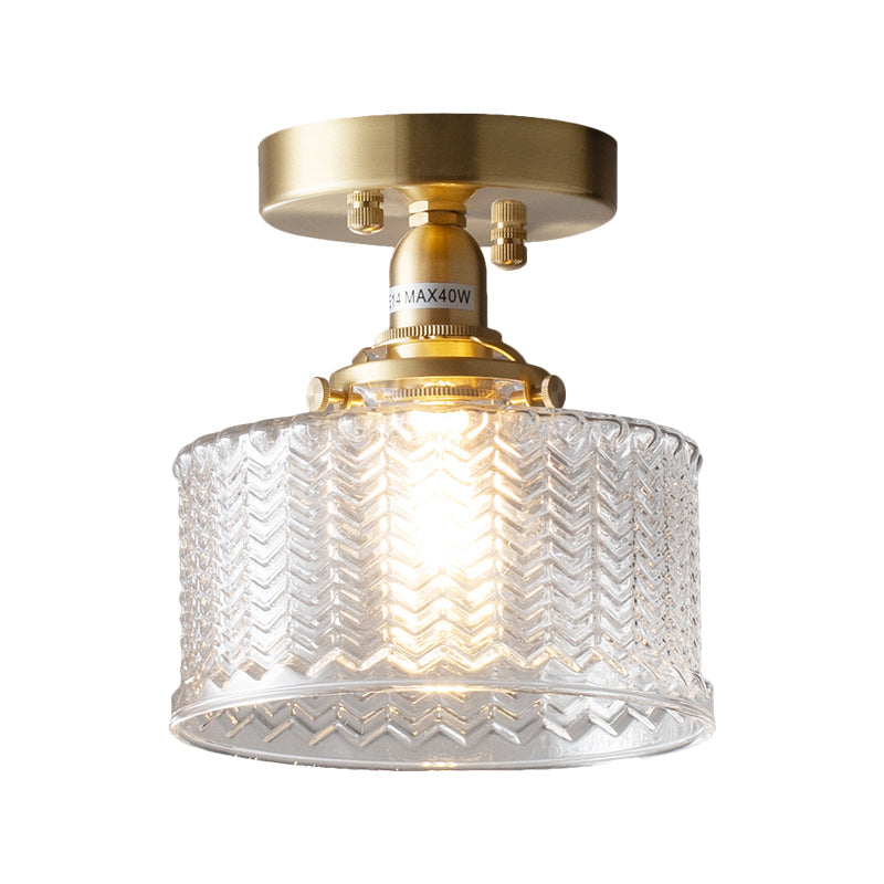 Plafonnier semi-encastré traditionnel en laiton pour couloir avec verre prismatique transparent et ampoule simple