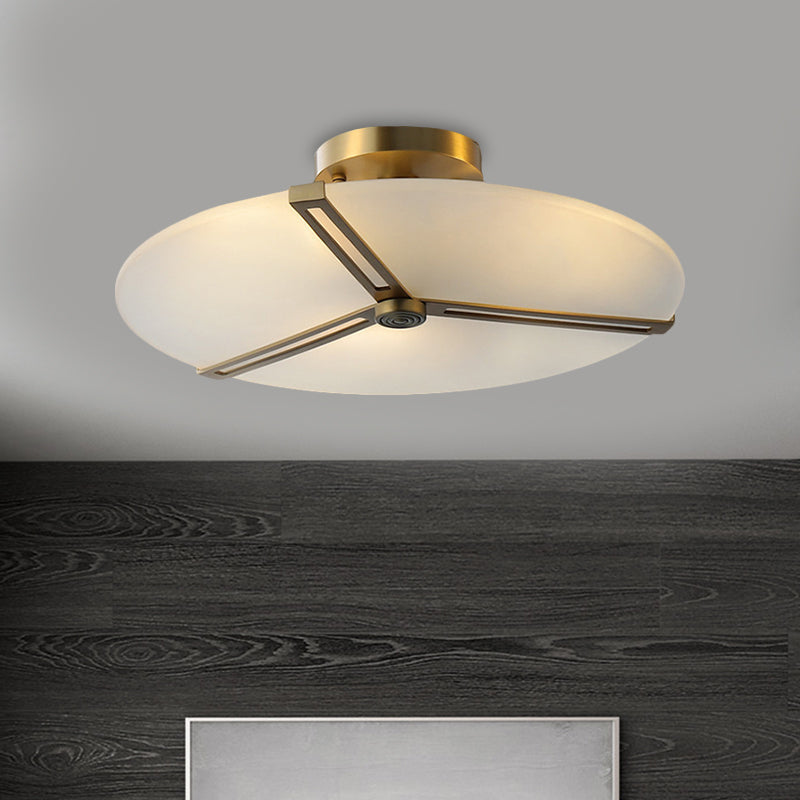 Vintage Brass Semi Flush Mount Ceiling Fixture With 3-Head Milky Glass Clock Design - Bedroom