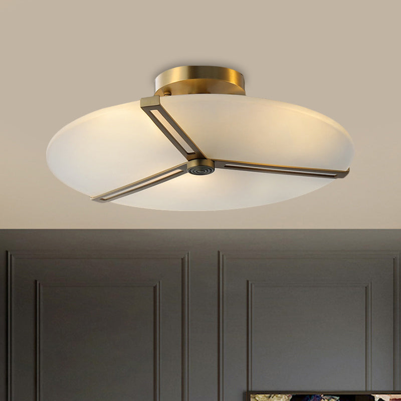 Vintage Brass Semi Flush Mount Ceiling Fixture With 3-Head Milky Glass Clock Design - Bedroom