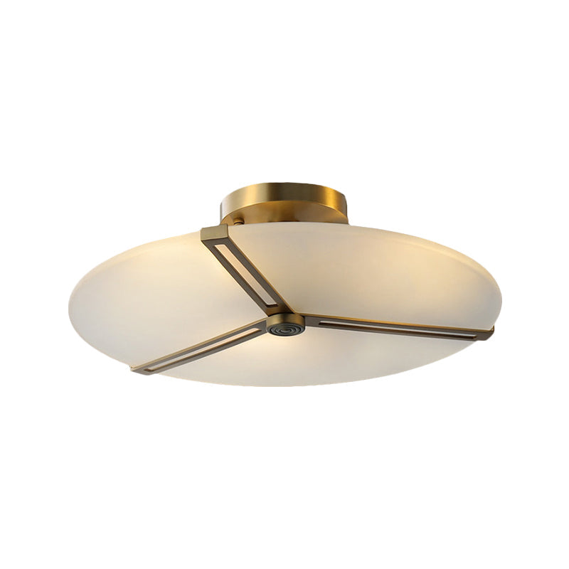 Vintage Brass Semi Flush Mount Ceiling Fixture With 3-Head Milky Glass Clock Design - Bedroom