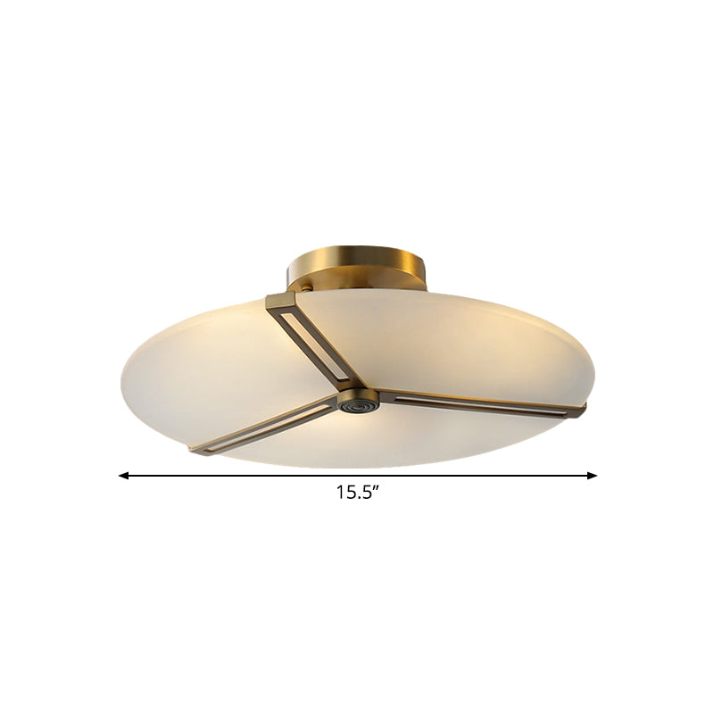 Vintage Brass Semi Flush Mount Ceiling Fixture With 3-Head Milky Glass Clock Design - Bedroom