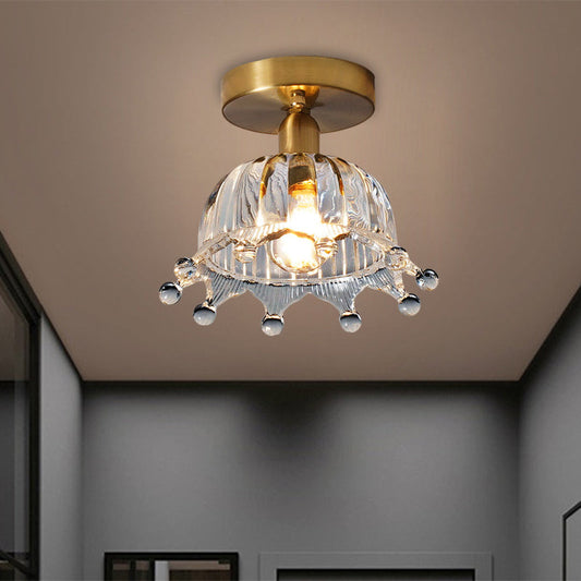 Antiqued Brass Fluted Glass Semi Mount Ceiling Light with Inverted Crown Design