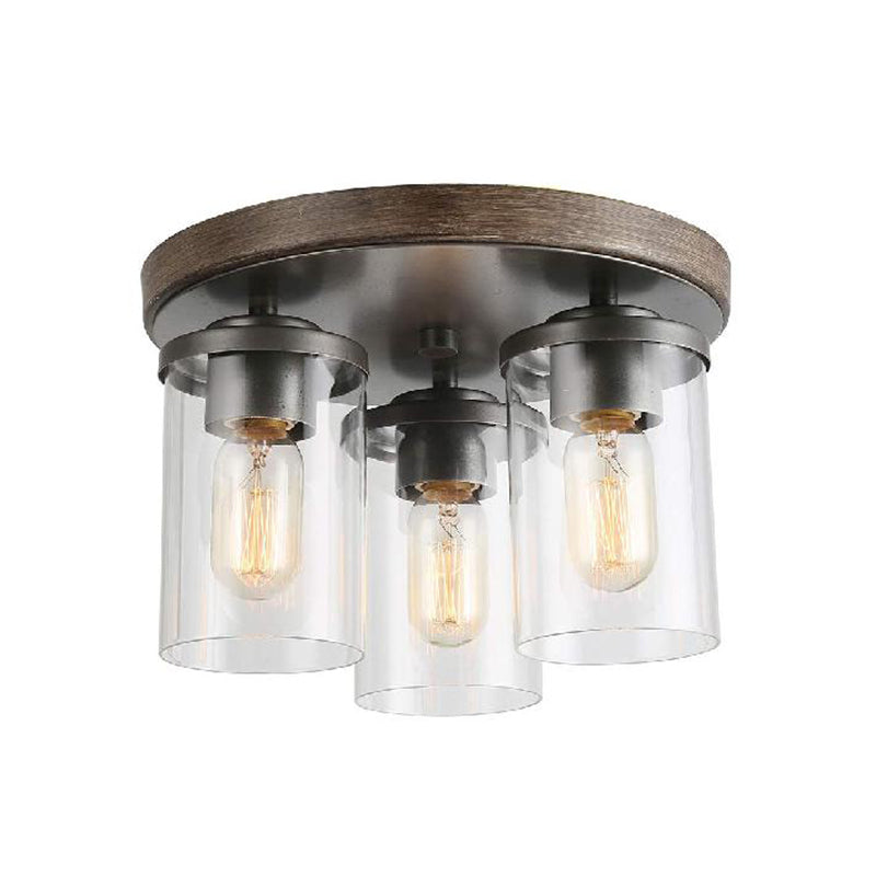 Industrial Clear Glass Flush Ceiling Light with 3 Bulbs - Bronze Finish - Ideal for Living Room