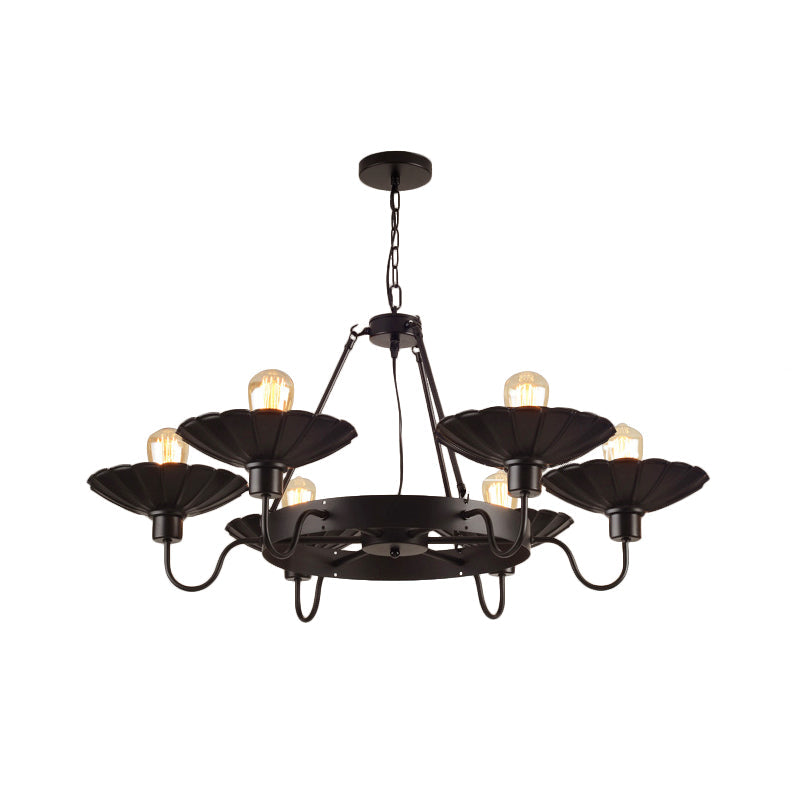 Lustre de restaurant de style vintage - 6 lampes vers le haut et vers le bas avec abat-jour festonné en noir