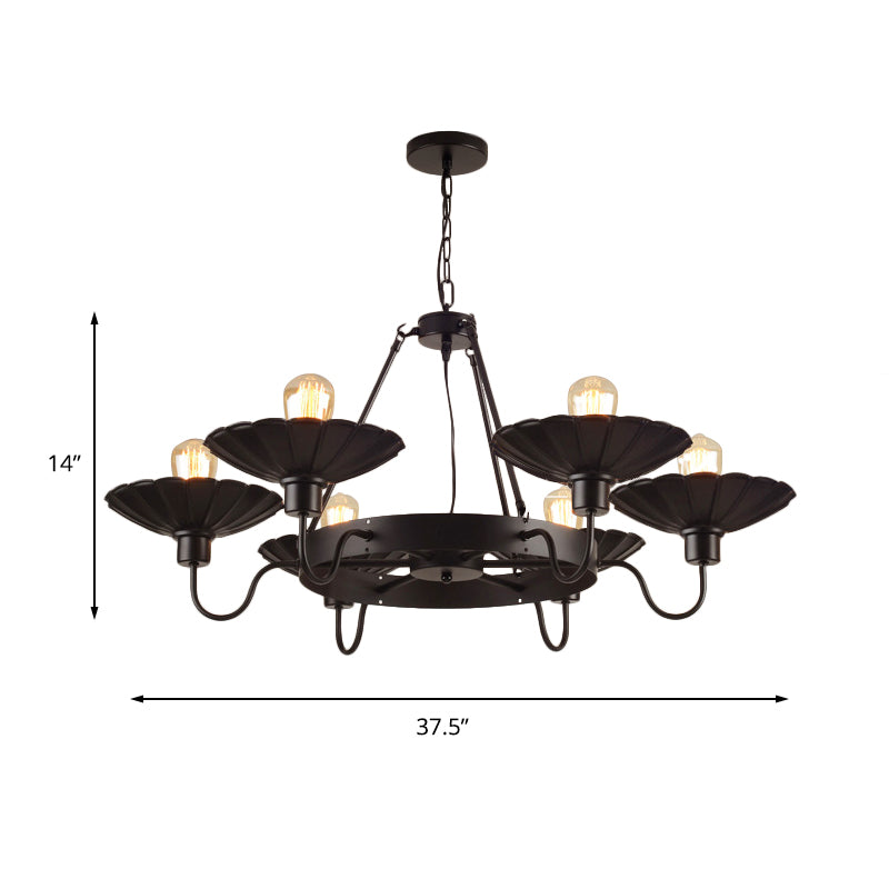 Lustre de restaurant de style vintage - 6 lampes vers le haut et vers le bas avec abat-jour festonné en noir