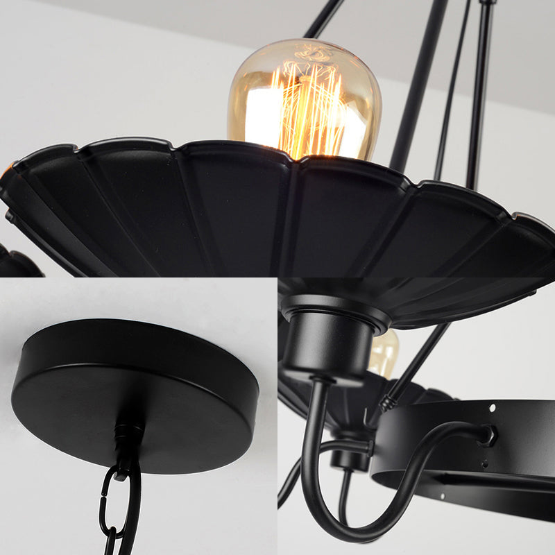 Lustre de restaurant de style vintage - 6 lampes vers le haut et vers le bas avec abat-jour festonné en noir