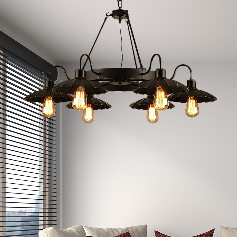 Lustre de restaurant de style vintage - 6 lampes vers le haut et vers le bas avec abat-jour festonné en noir