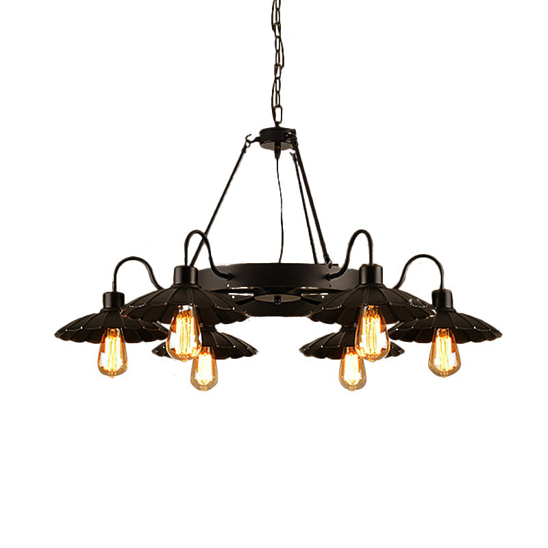 Lustre de restaurant de style vintage - 6 lampes vers le haut et vers le bas avec abat-jour festonné en noir
