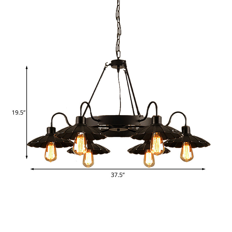 Lustre de restaurant de style vintage - 6 lampes vers le haut et vers le bas avec abat-jour festonné en noir