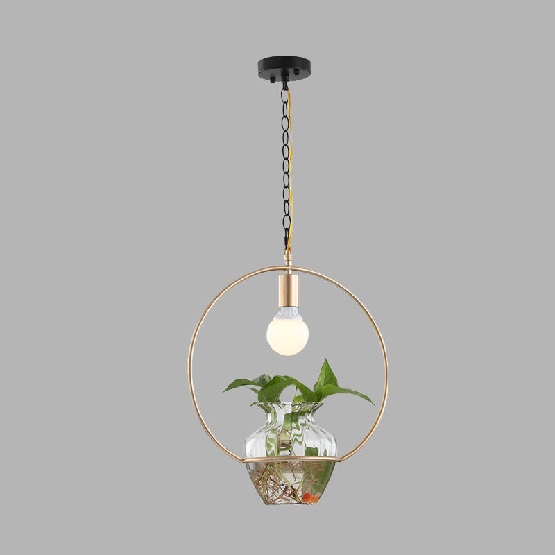 Antique White/Gold Round Led Pendant Ceiling Light With Metal Head And Plant Can Decoration -