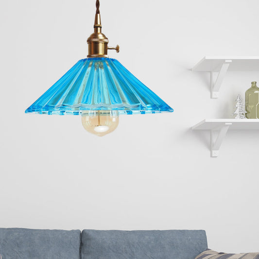 Lampe suspendue festonnée vieillie en verre gris/orange/bleu avec kit de suspension en laiton