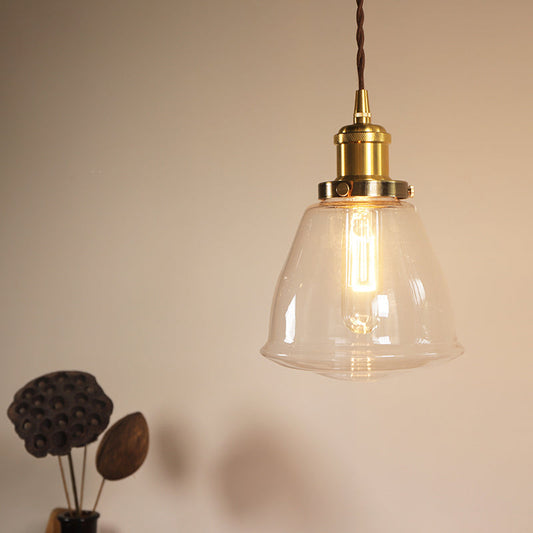 Suspension vintage en laiton avec cône en verre transparent - Plafonnier