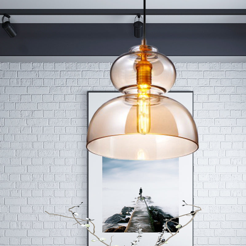 Curved Ceiling Pendant Light - Blue/Cognac Glass, 1 Bulb, 10"/11" Wide - Ideal for Restaurants