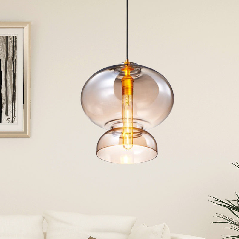 Curved Ceiling Pendant Light - Blue/Cognac Glass, 1 Bulb, 10"/11" Wide - Ideal for Restaurants