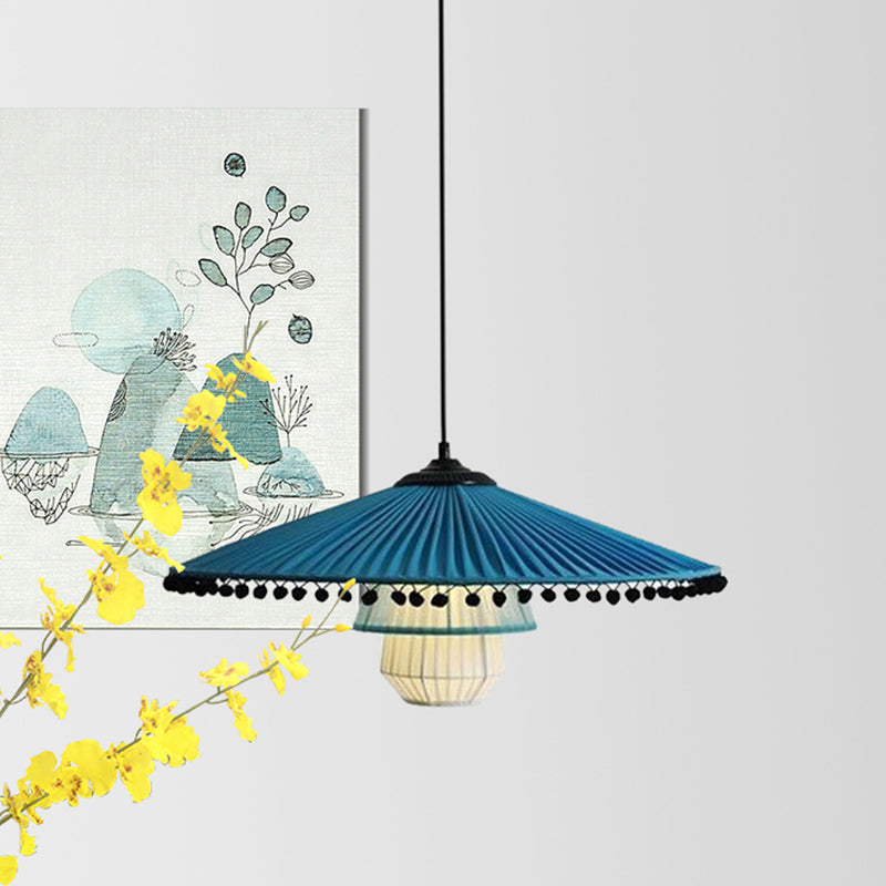 Stylish Blue Flare Pendant Lamp - Modern 1-Head Ceiling Light With Bead Droplet