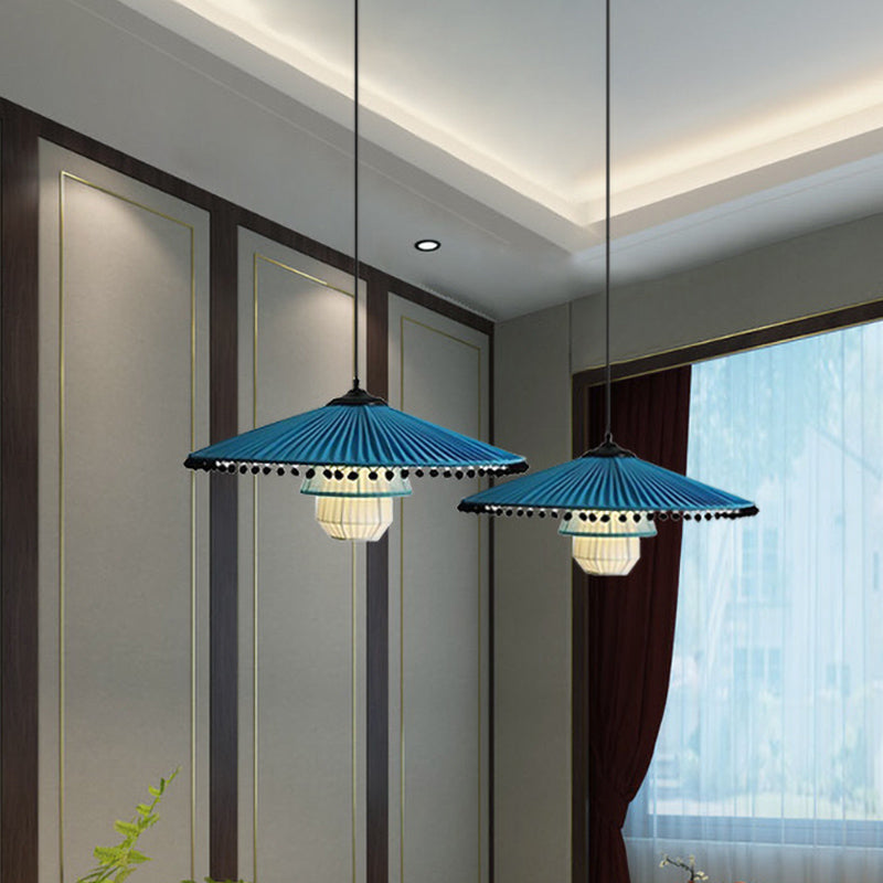 Stylish Blue Pendant Lamp with Bead Droplet – Modern Flare, Gathered Fabric, 1 Head