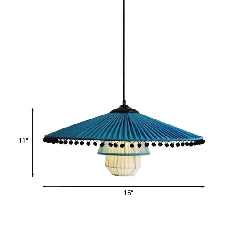 Stylish Blue Pendant Lamp with Bead Droplet – Modern Flare, Gathered Fabric, 1 Head