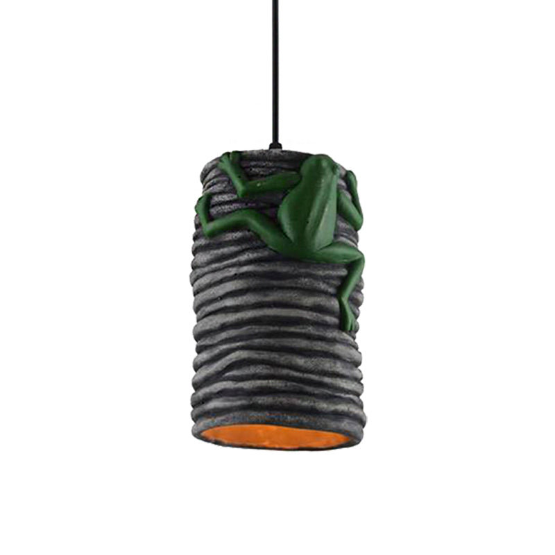 Industrial Frog Deco Cylinder Pendant Light: 1-Light Cement And Resin Lamp In Brass/Black/Grey For