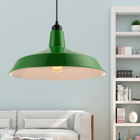 Vintage Style Metal Green Barn Shade Pendant Ceiling Fixture with Flexible Suspension - Ideal for Living Rooms