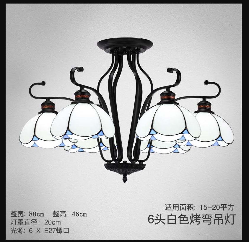 Baroque Scalloped Chandelier with 6/8 Hanging Lights and Colored Glass Pendant Kit for Living Room
