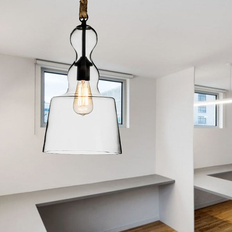 Vintage Style Clear Glass Pendant Light With Rope For Restaurants - 1 Head Trapezoid Hanging Ceiling