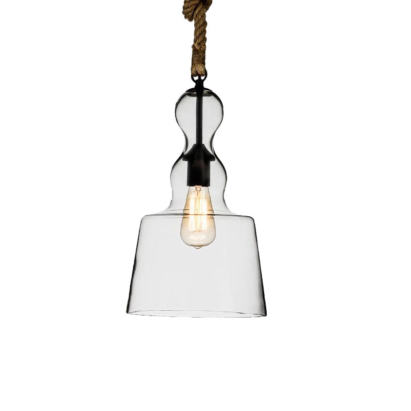 Vintage Style Clear Glass Pendant Light With Rope For Restaurants - 1 Head Trapezoid Hanging Ceiling