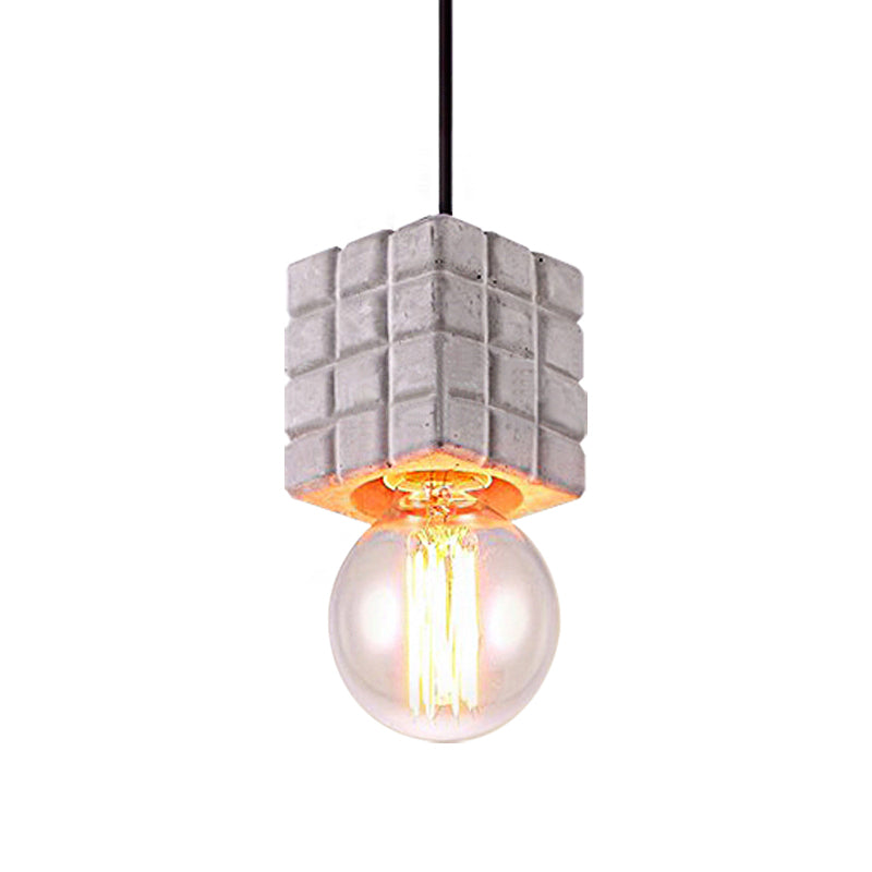 Vintage Cement Square Pendant Light with Bare Bulb for Restaurant Ceiling - Grey