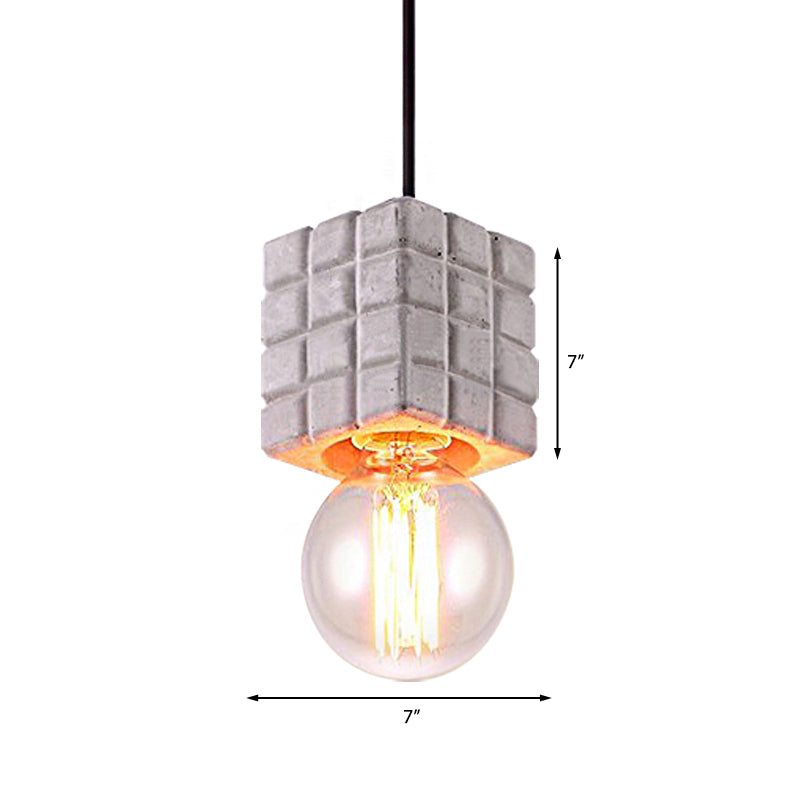 Vintage Cement Square Pendant Light with Bare Bulb for Restaurant Ceiling - Grey