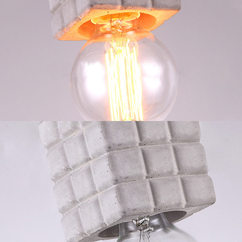 Vintage Cement Square Pendant Light with Bare Bulb for Restaurant Ceiling - Grey