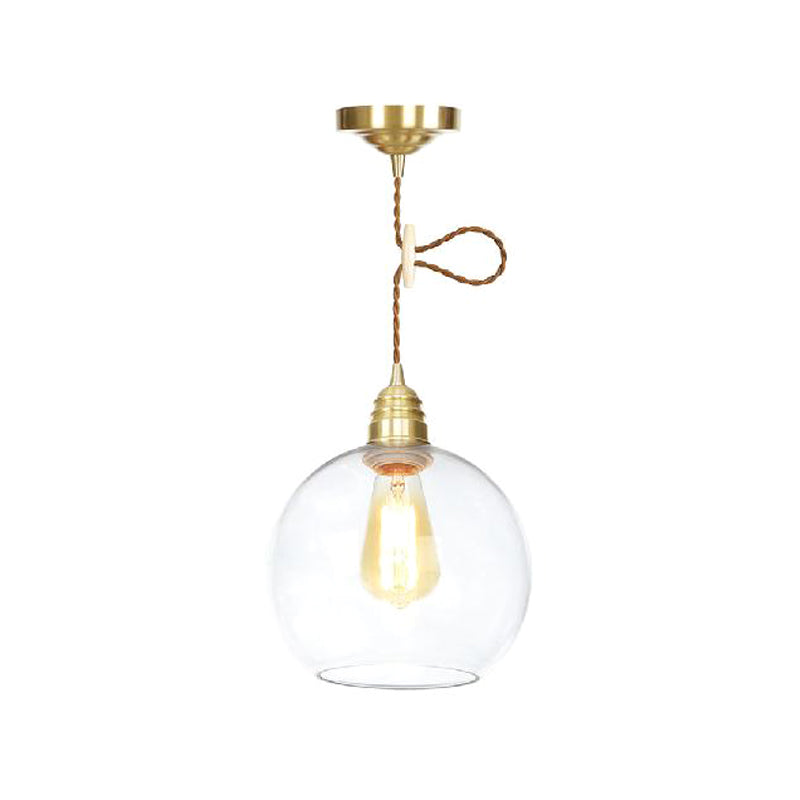 Luminaire suspendu industriel Globe - 1 lampe, lampe suspendue en verre transparent en laiton - 8"/10"/12" de large