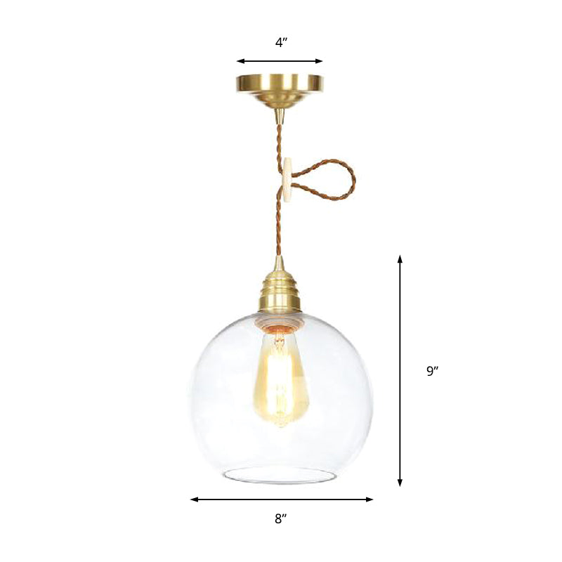 Luminaire suspendu industriel Globe - 1 lampe, lampe suspendue en verre transparent en laiton - 8"/10"/12" de large