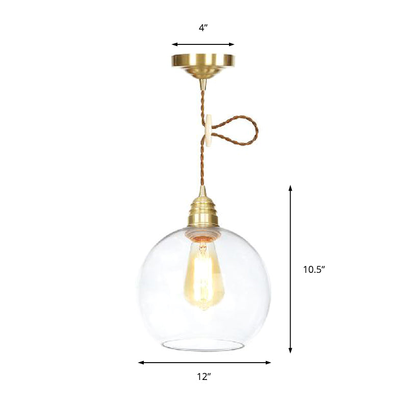 Luminaire suspendu industriel Globe - 1 lampe, lampe suspendue en verre transparent en laiton - 8"/10"/12" de large