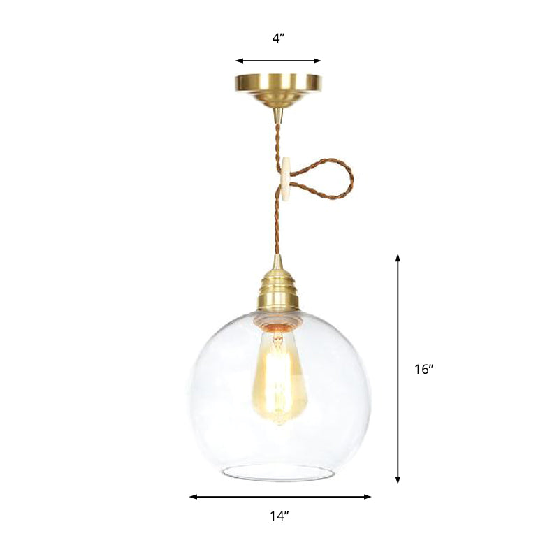 Luminaire suspendu industriel Globe - 1 lampe, lampe suspendue en verre transparent en laiton - 8"/10"/12" de large