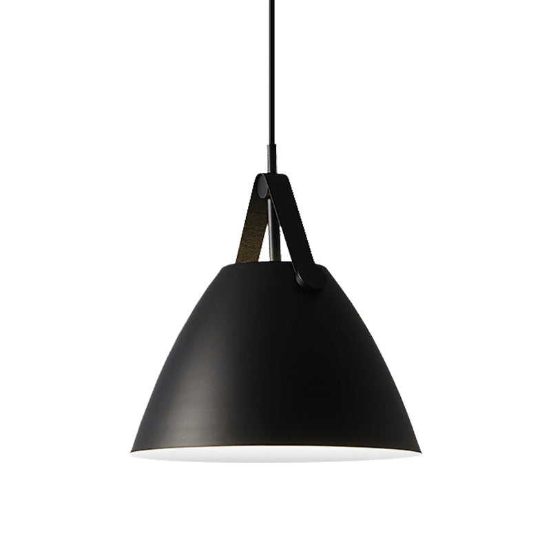 Modernist Conical Pendant Lighting - Metallic Suspension Light with Leather Strap - Black/Blue - 10.5"/14" W - 1 Bulb - Perfect for Tables