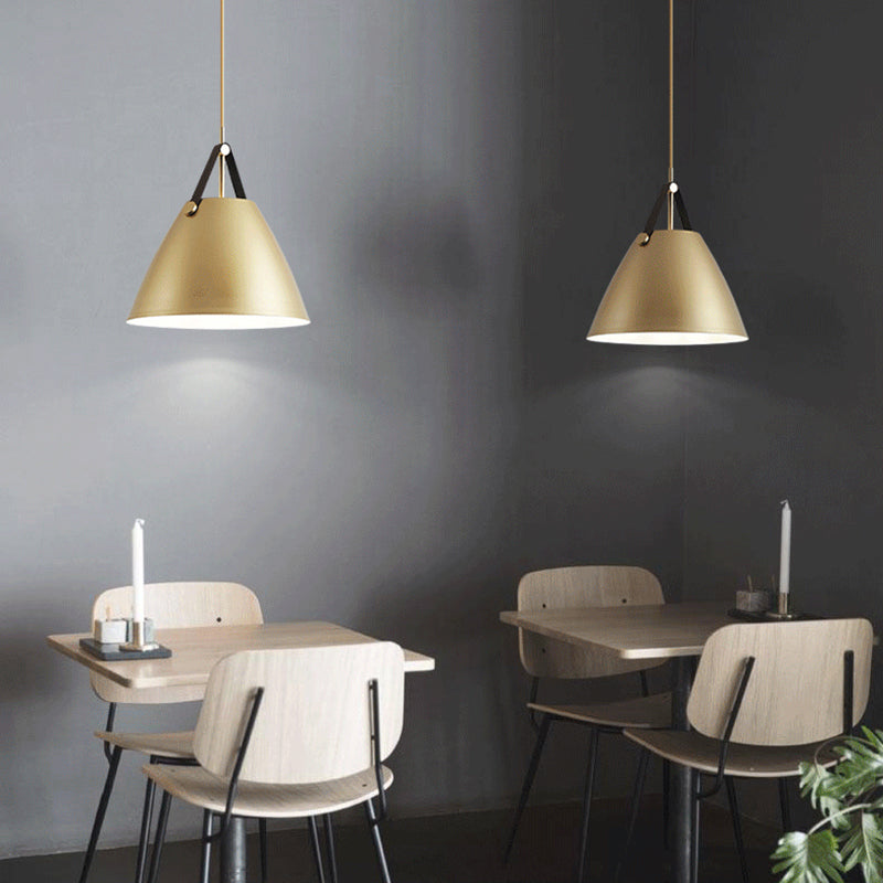 Modernist Conical Pendant Lighting - Metallic Suspension Light with Leather Strap - Black/Blue - 10.5"/14" W - 1 Bulb - Perfect for Tables