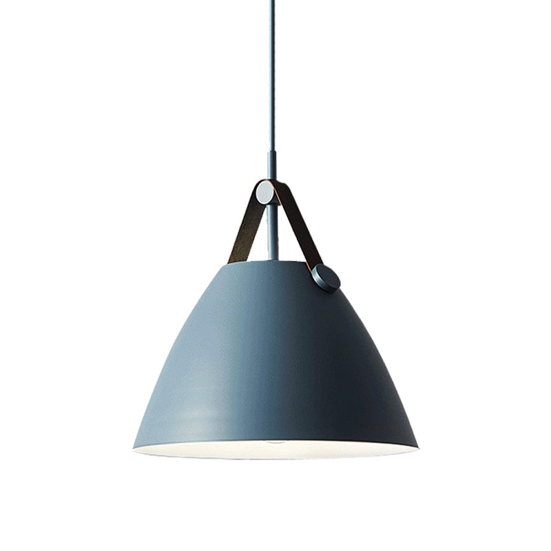 Modernist Conical Pendant Lighting - Metallic Suspension Light with Leather Strap - Black/Blue - 10.5"/14" W - 1 Bulb - Perfect for Tables