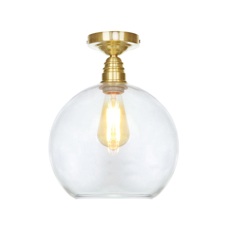 Spherical Brass Industrial Semi Flush Light: Clear/Amber Glass Ceiling Mount, 8"/10"/12" Wide