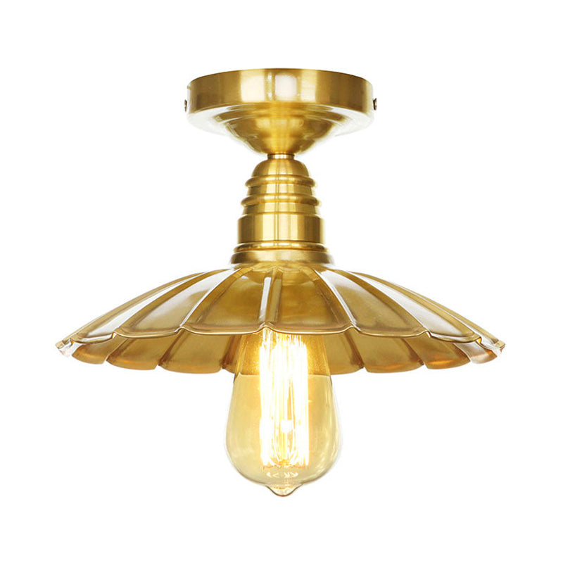 Vintage Waveforms/Scalloped Shade Semi Flush Ceiling Light - Brass Finish, 8"/9.5" W, Metal Fixture