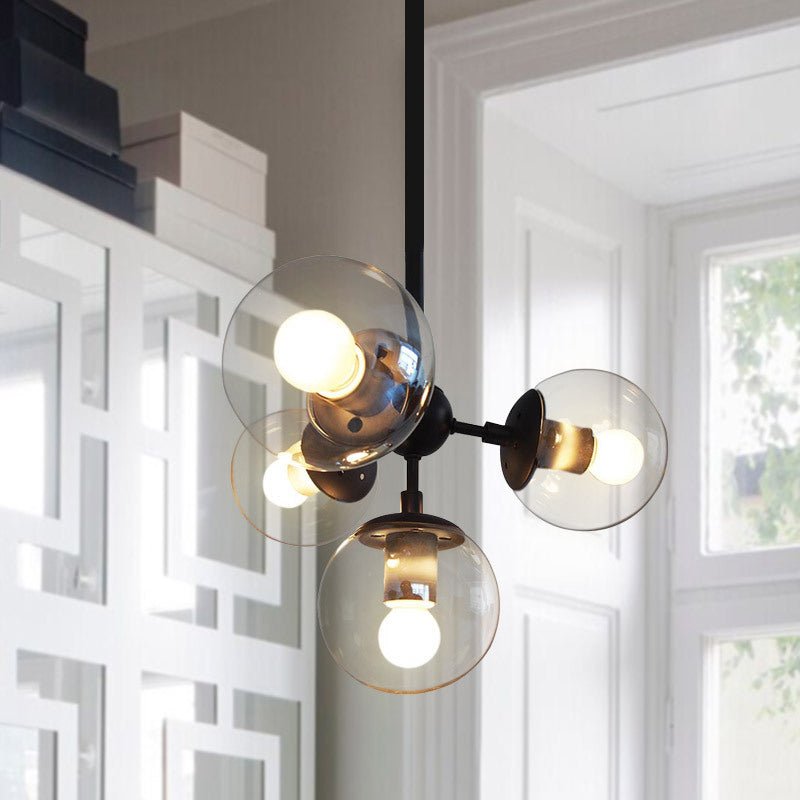 Vintage Amber Glass Orb Chandelier - 4-Light Black Ceiling Fixture for Dining Room