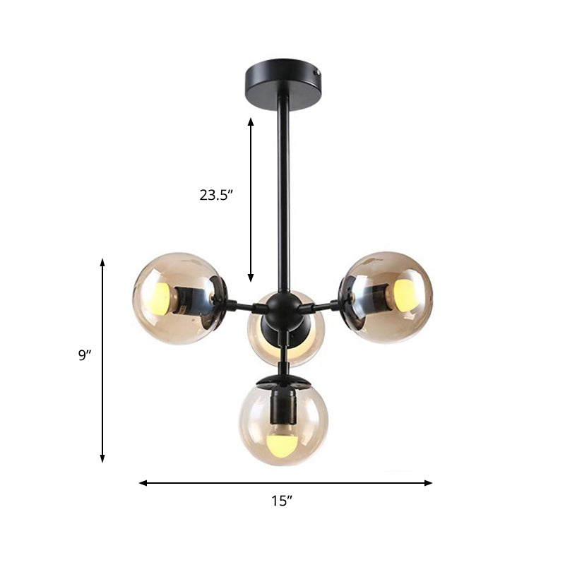 Vintage Amber Glass Orb Chandelier - 4-Light Black Ceiling Fixture for Dining Room