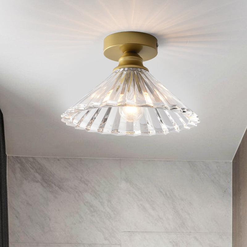 Brass Flush Mount Ceiling Light with Clear Ridged Glass - Traditional Tapered Single Head Lamp